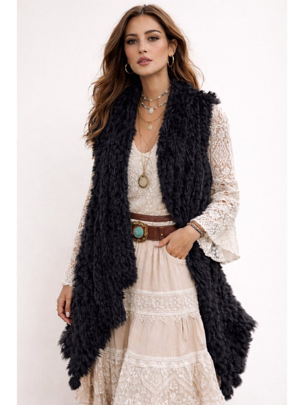 Boho Chic Rabbit Fur Vest Women M Black Real Fur Shawl Wrap Knit Open Front
